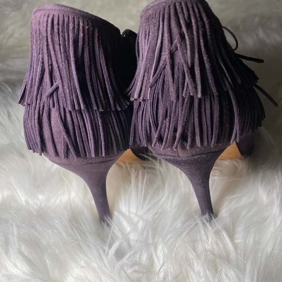 MANOLO BLAHNIK Plum Suede Fringe Peep Toe Bootie, Size 7 - Picture 5 of 10